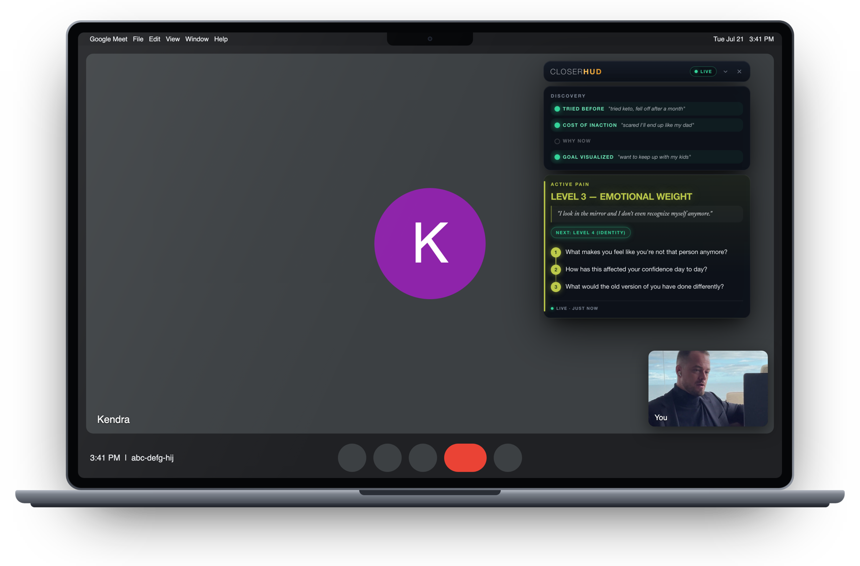 Closer HUD floating next to a Google Meet video call, showing the buyer's pain level, their words, and three questions to ask next.